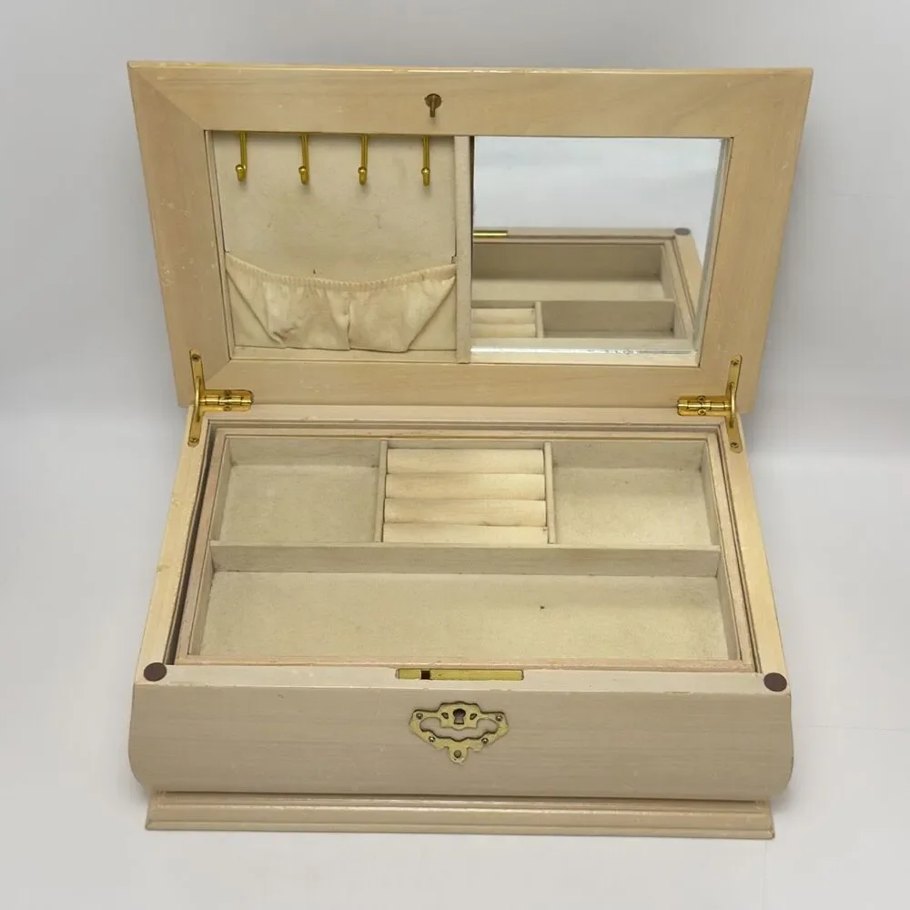 2-Tier Wooden Jewelry Organizer with Necklace Hooks, Mirror & Removable Tray
